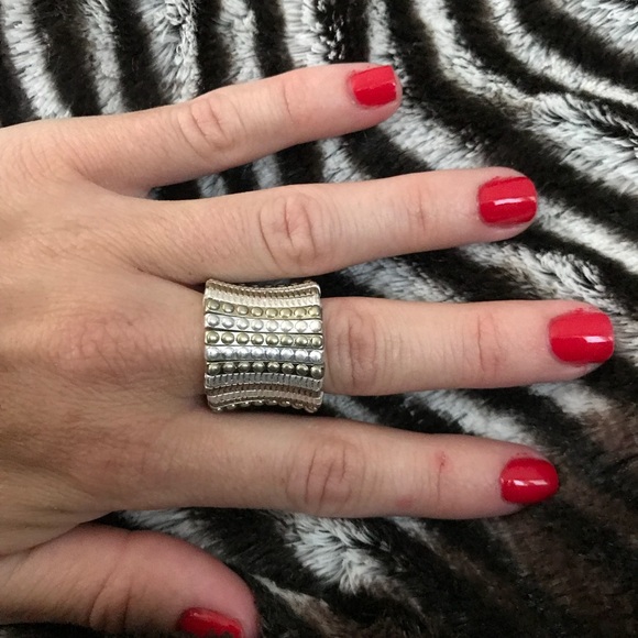 Textured Vertical Bar Stretch Gold & Silver Ring - Picture 1 of 5